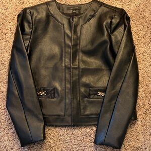 Ann Taylor Black Faux Leather Jacket with Chain Detail